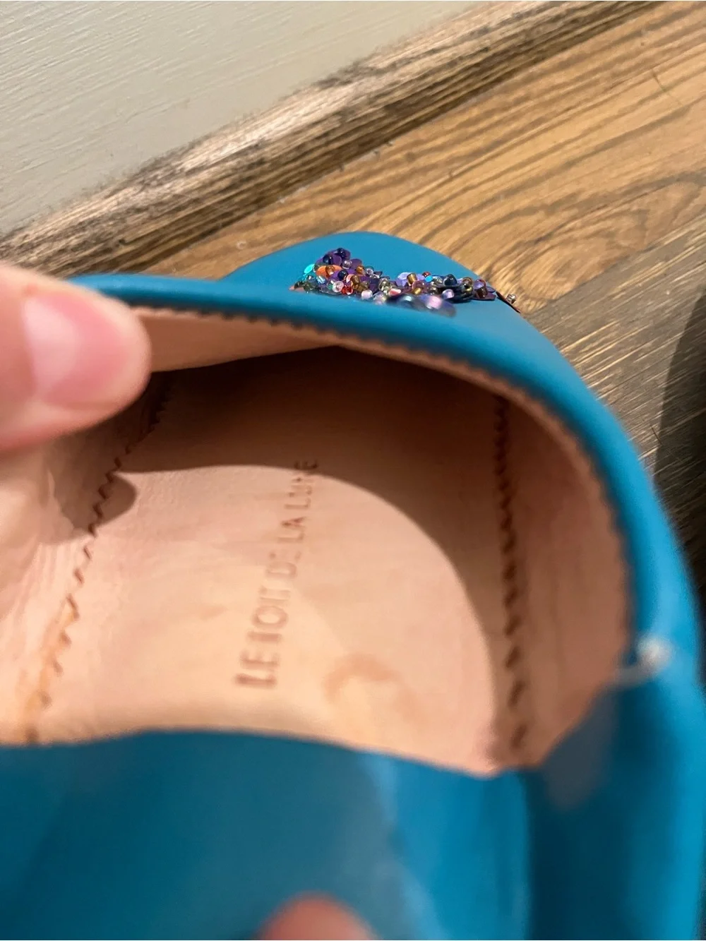 Le Toit De La Lune Paris Size 30 Handmade Leather Slippers Aqua Blue Sequin Star